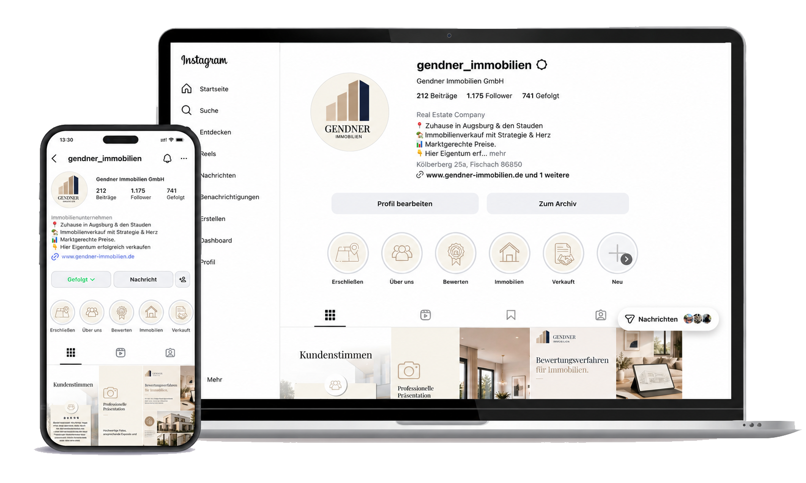 Instagram-Profil von Gendner Immobilien auf Smartphone und Laptop